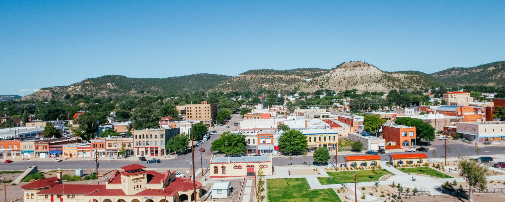 An aerial photo of Downtown Raton, New Mexico.