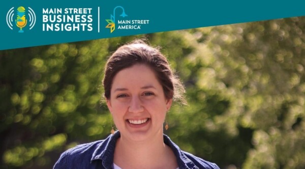 Image of a woman smiling. Text in foreground reads "Main Street Business Insights."