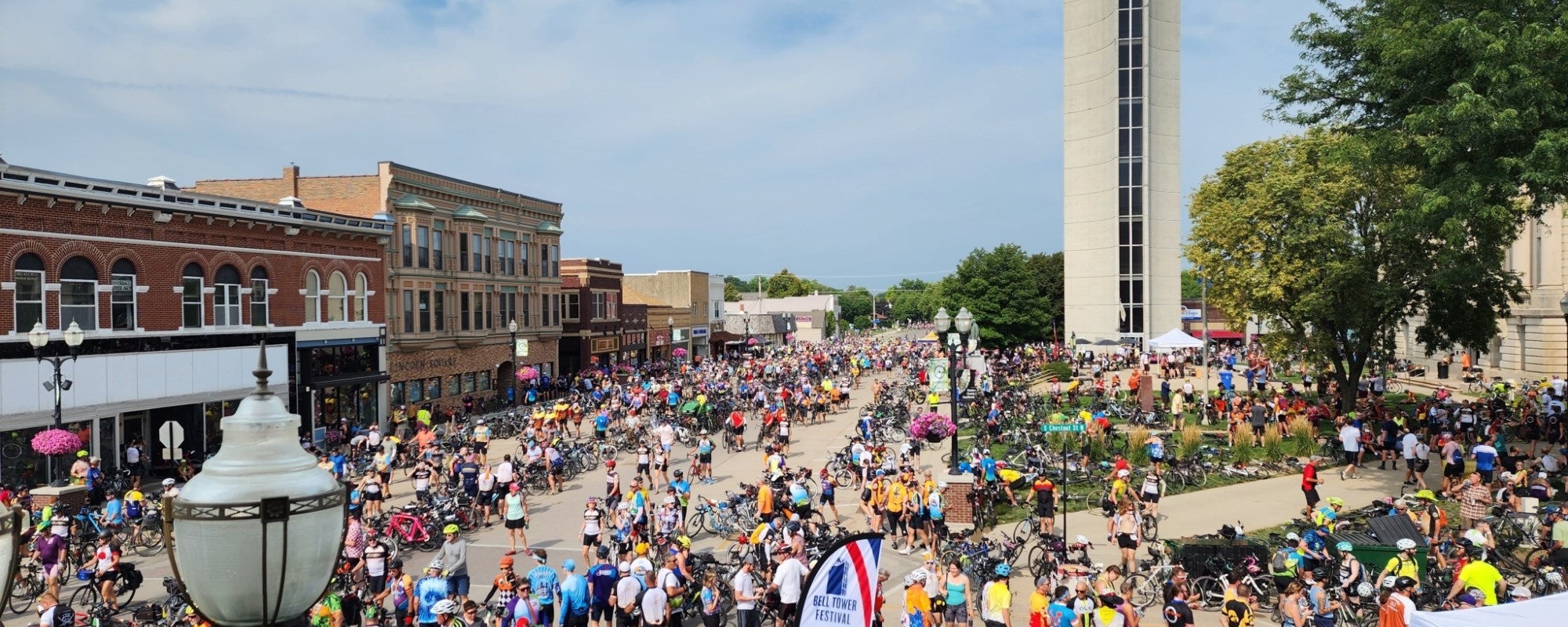Downtown Jefferson, Iowa crowded with cyclists.