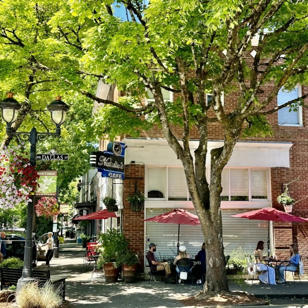 On a sunny day, diners enjoy outdoor sidewalk seating under the shade of trees and meals from a café located in a historic brick building.