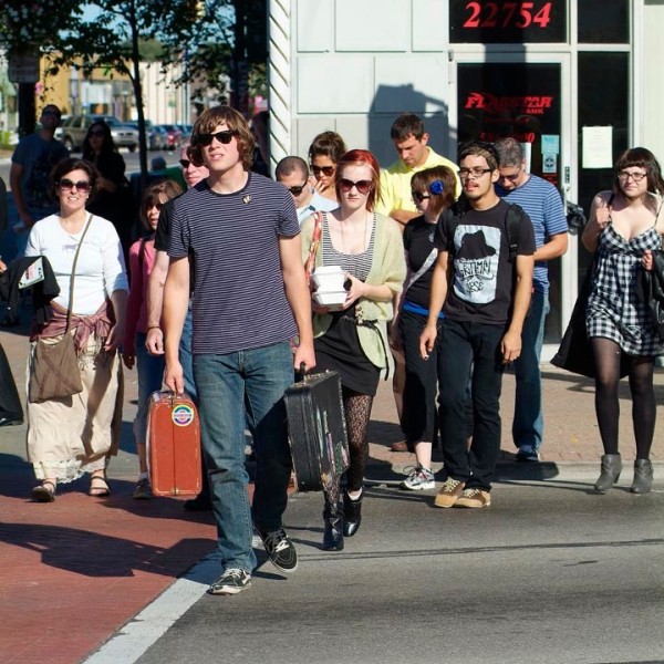 A group of people crossing the street in Ferndale, Michigan