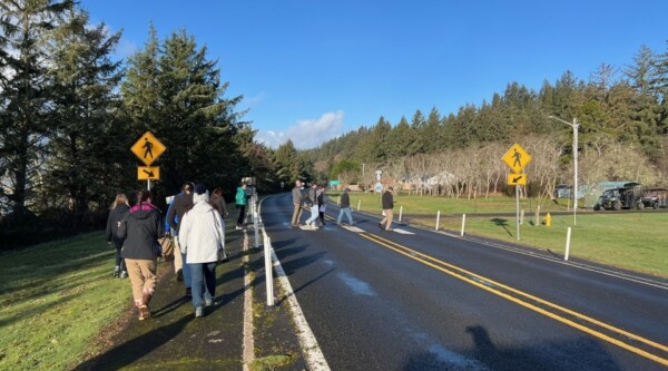 people walking alongside a road on a sunny day