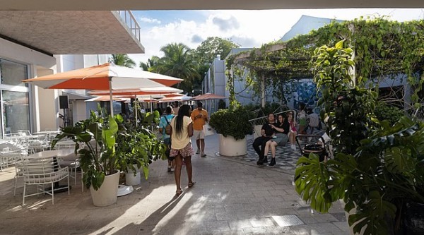 A tree-lined alley with outdoor dining