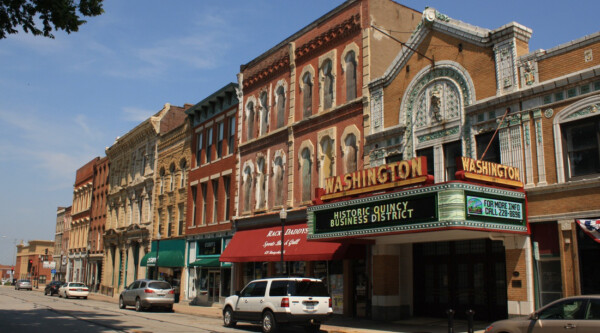 Historic theater marquee and historic building facades in Quincy, Illinois