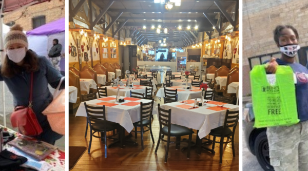 Photo collage. Two people wearing masks handing over a bag of takeout food. Empty indoor dining in a restaurant. A person wearing a mask hands a bag to someone in a car.