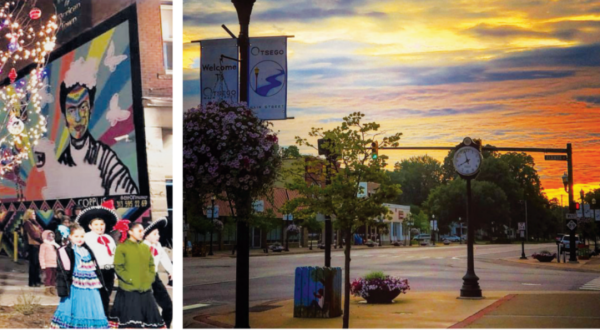 Photo of children in front of a mural of Frida Kahlo, photo of a sunset downtown