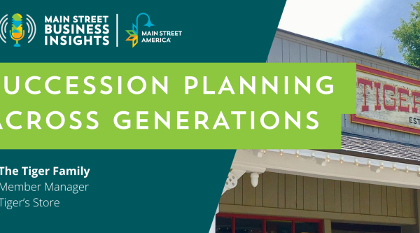 Text reading "Succession Planning Across Generations" with photo of front of business.