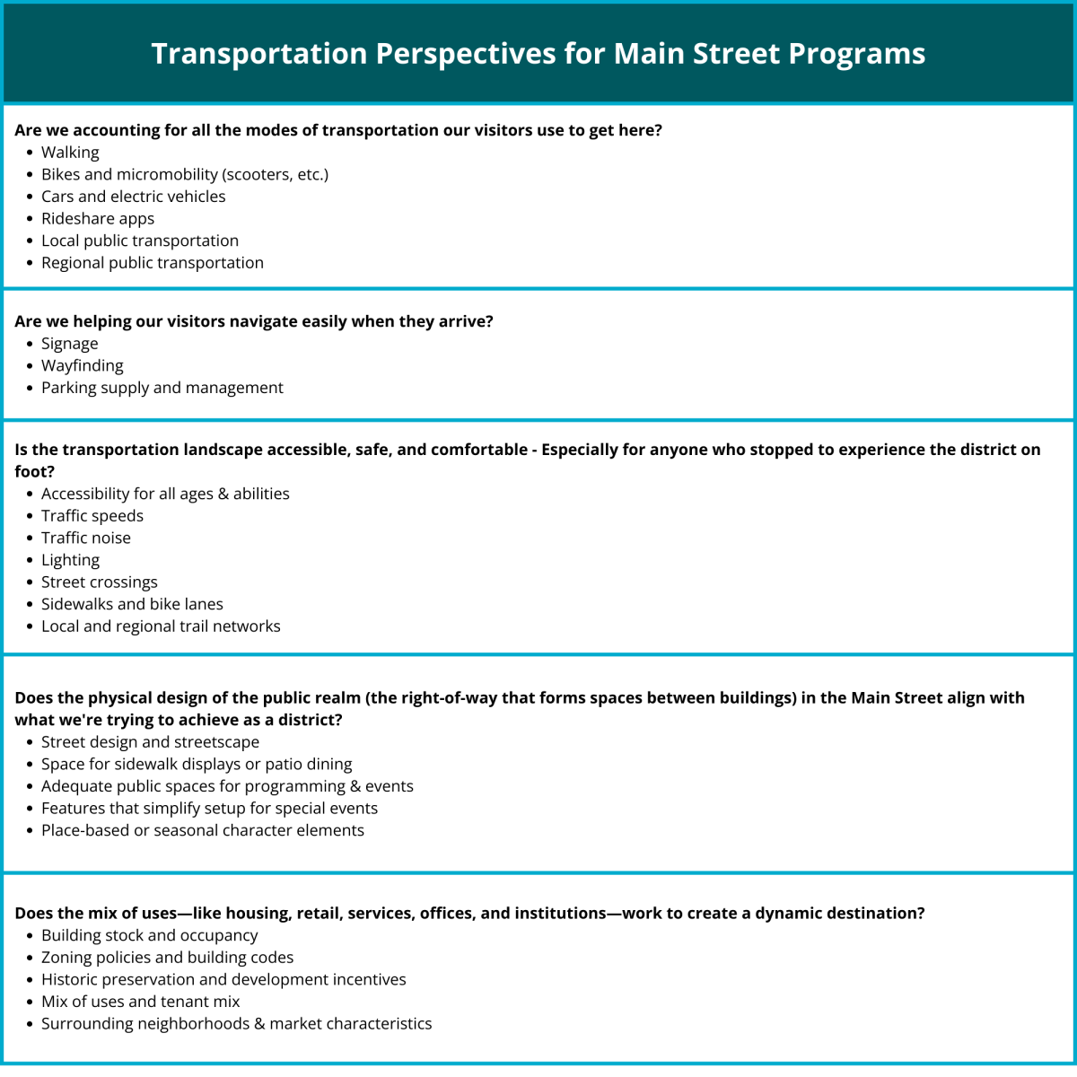 Table showing different transportation considerations for Main Streets, including transportation modes, navigation, accessibility, safety, and design.