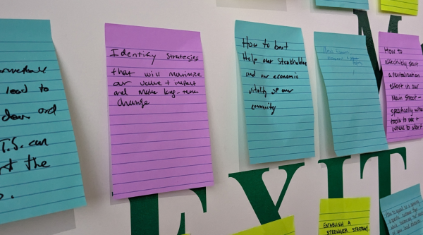 Sticky notes on a wall with reflections from participants in the 2023 Community Transformation Workshop