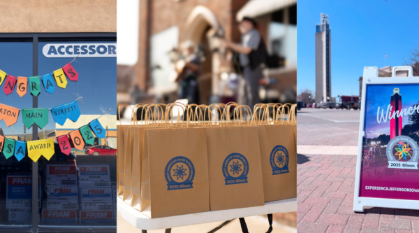 Photo collage. From left to right: banner congratulating Raton MainStreet on the award; gift bags with the GAMSA logo laid on a table; a sandwich board celebrating Jefferson Matters